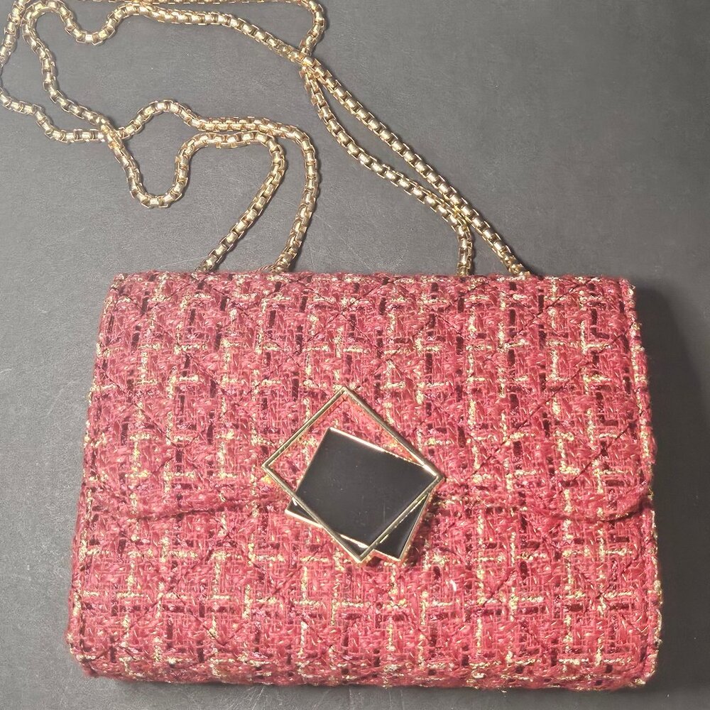 Small Red Burgundy Gold Black Square Tweed Fabric Messenger Crossbody Bag